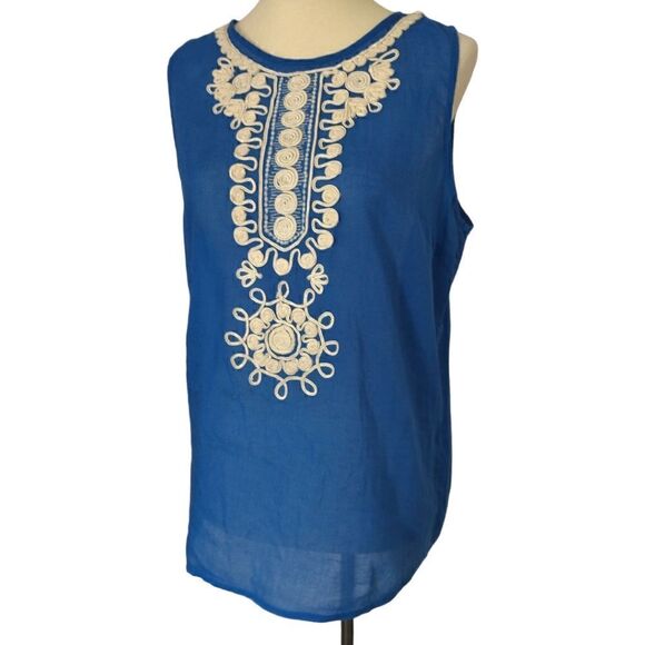 Banana Republic Top Sz 8 Gauzy Sheer Cotton Embroidery Sleeveless Zipper Blue. - Picture 6 of 16